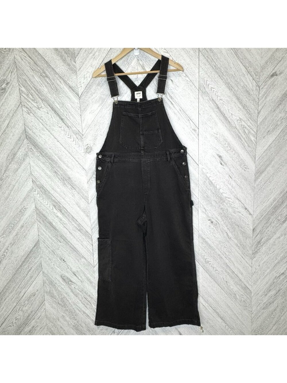 Aerie American Eagle Overalls Bib Jeans Womens Size Large Black Denim Wide Leg